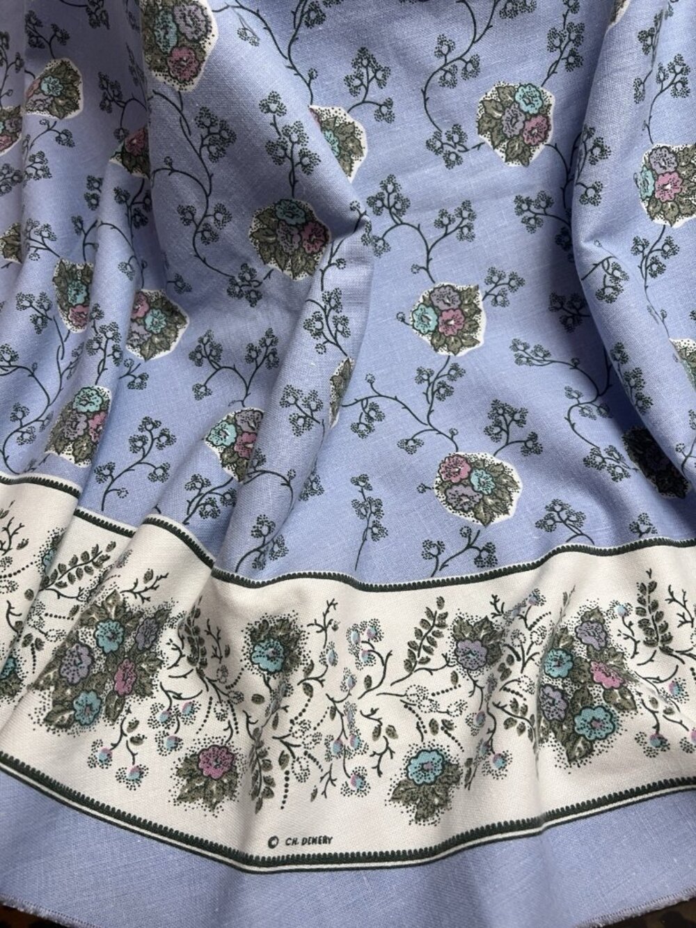 French Provençal Linen Tablecloth C H Demery 58" x 82" Oval Hand-Blocked
